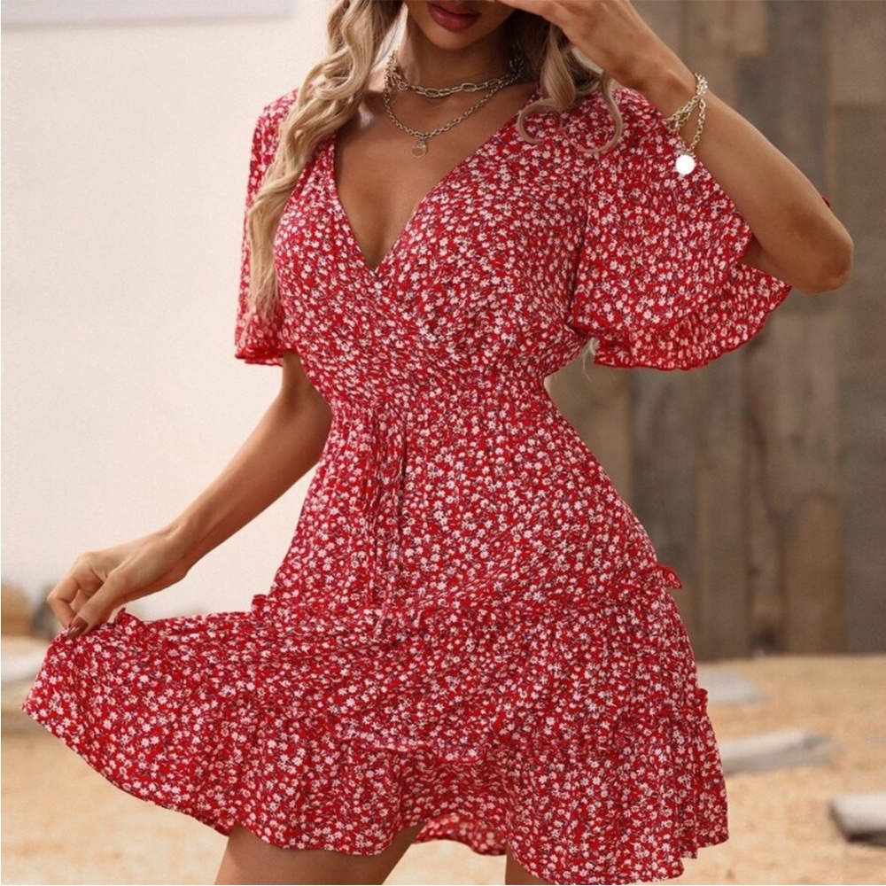 Boho Red Ditsy Floral Butterfly Sleeve Mini Dress XS S M L XL XXL
